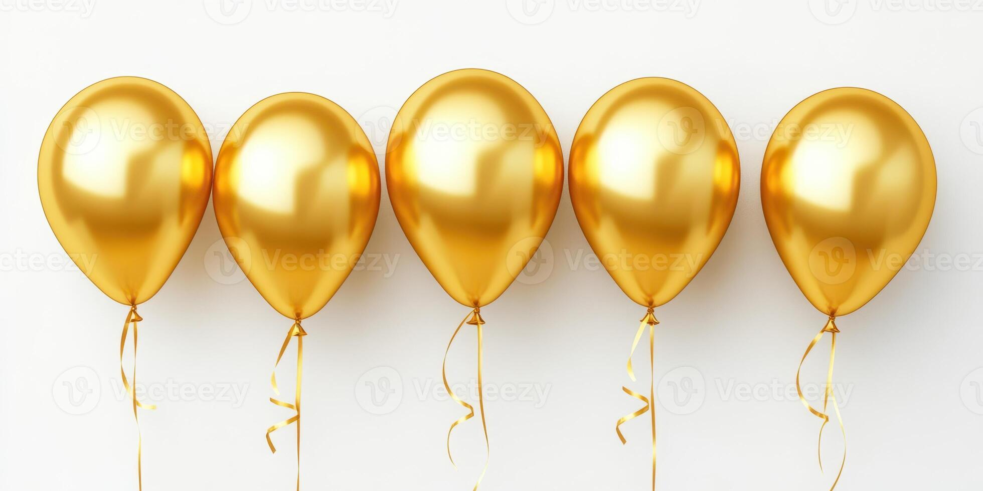 Golden balloons hang against a white wall, creating a festive atmosphere for celebrations or events during the day photo