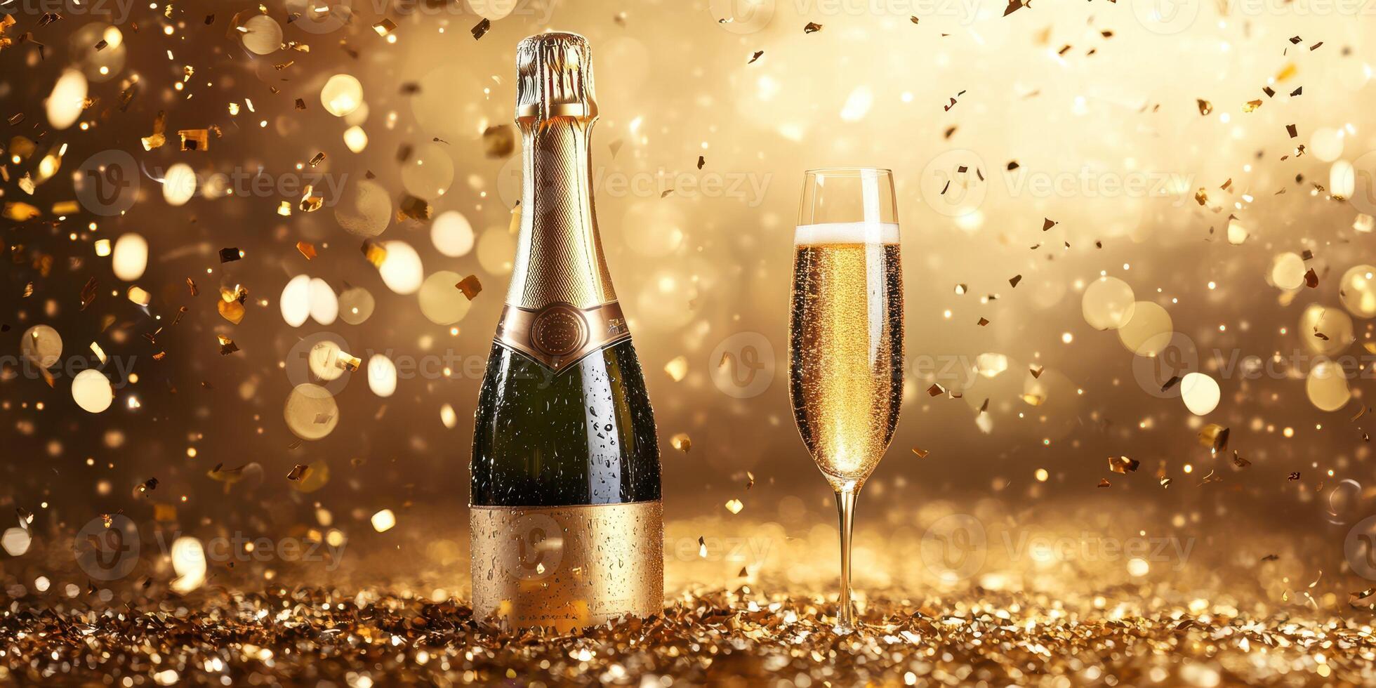 Celebratory champagne bottle and flute with golden confetti at a festive event in a luxurious setting photo