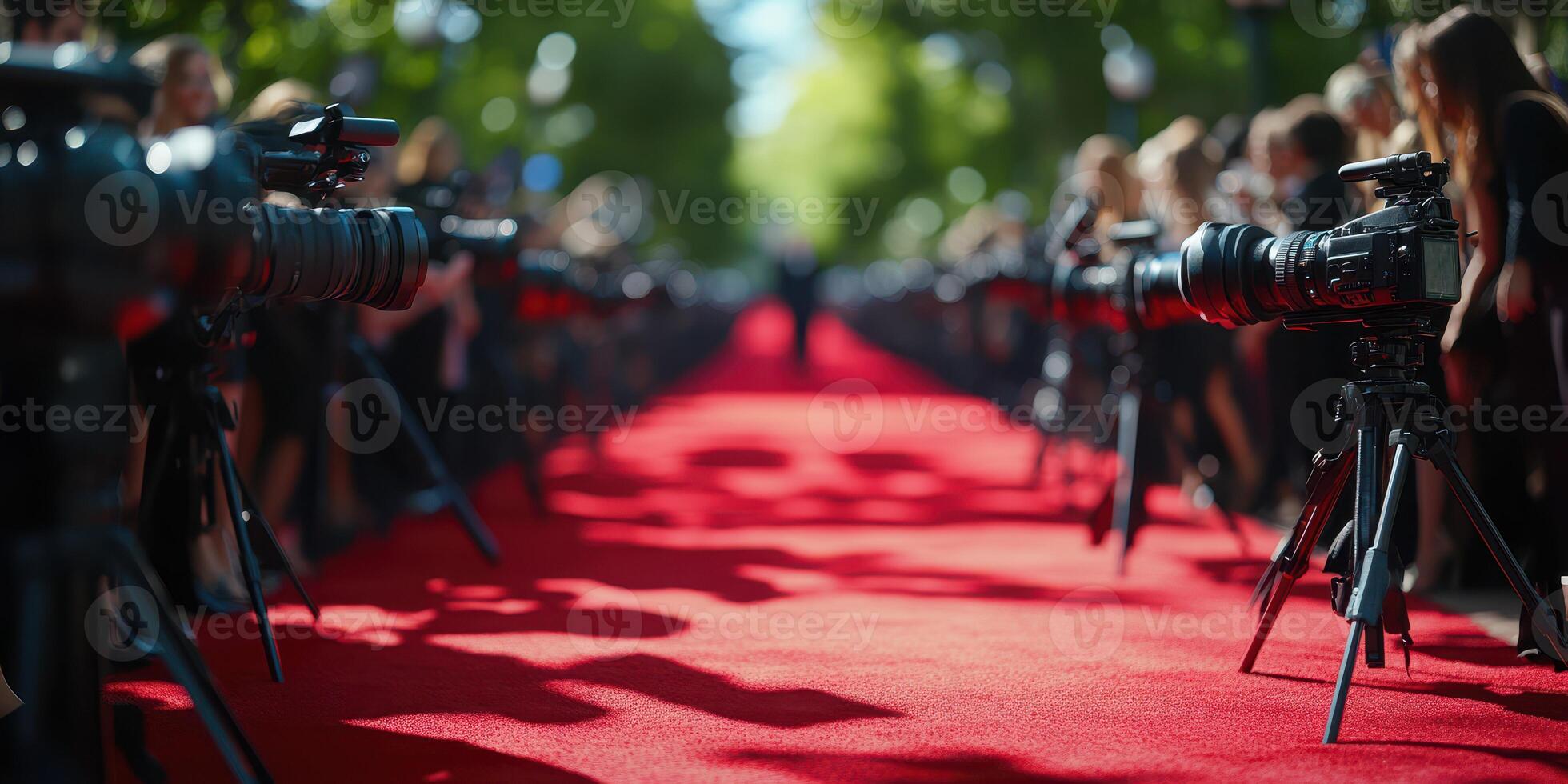 Crowds gather on a red carpet as cameras capture moments at a prestigious event in a sunny outdoor setting photo