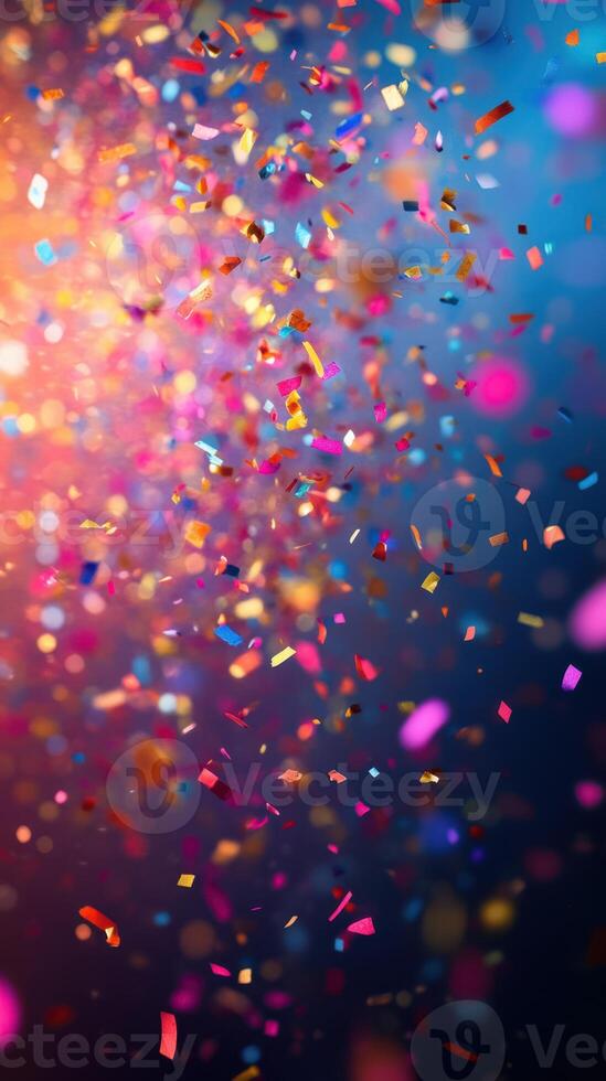 Celebration confetti bursts in vibrant colors during a festive event at night with dazzling light effects photo