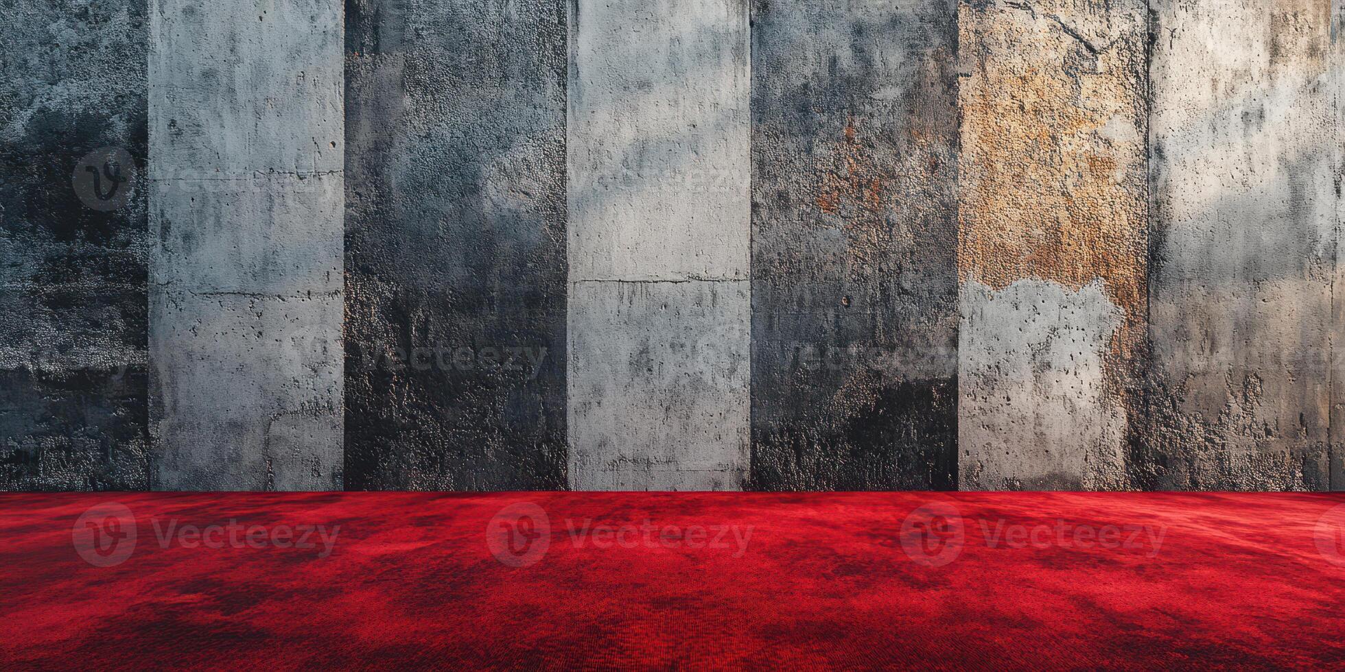 Elegant red carpet laid over textured concrete floor in a contemporary setting during a daytime event photo