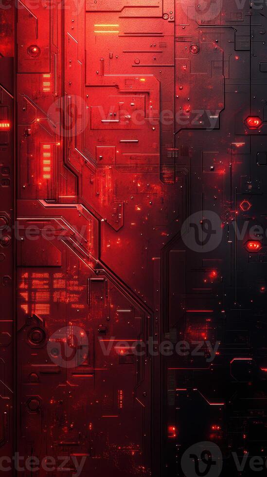Abstract digital artwork featuring intricate red circuitry patterns and glowing elements photo