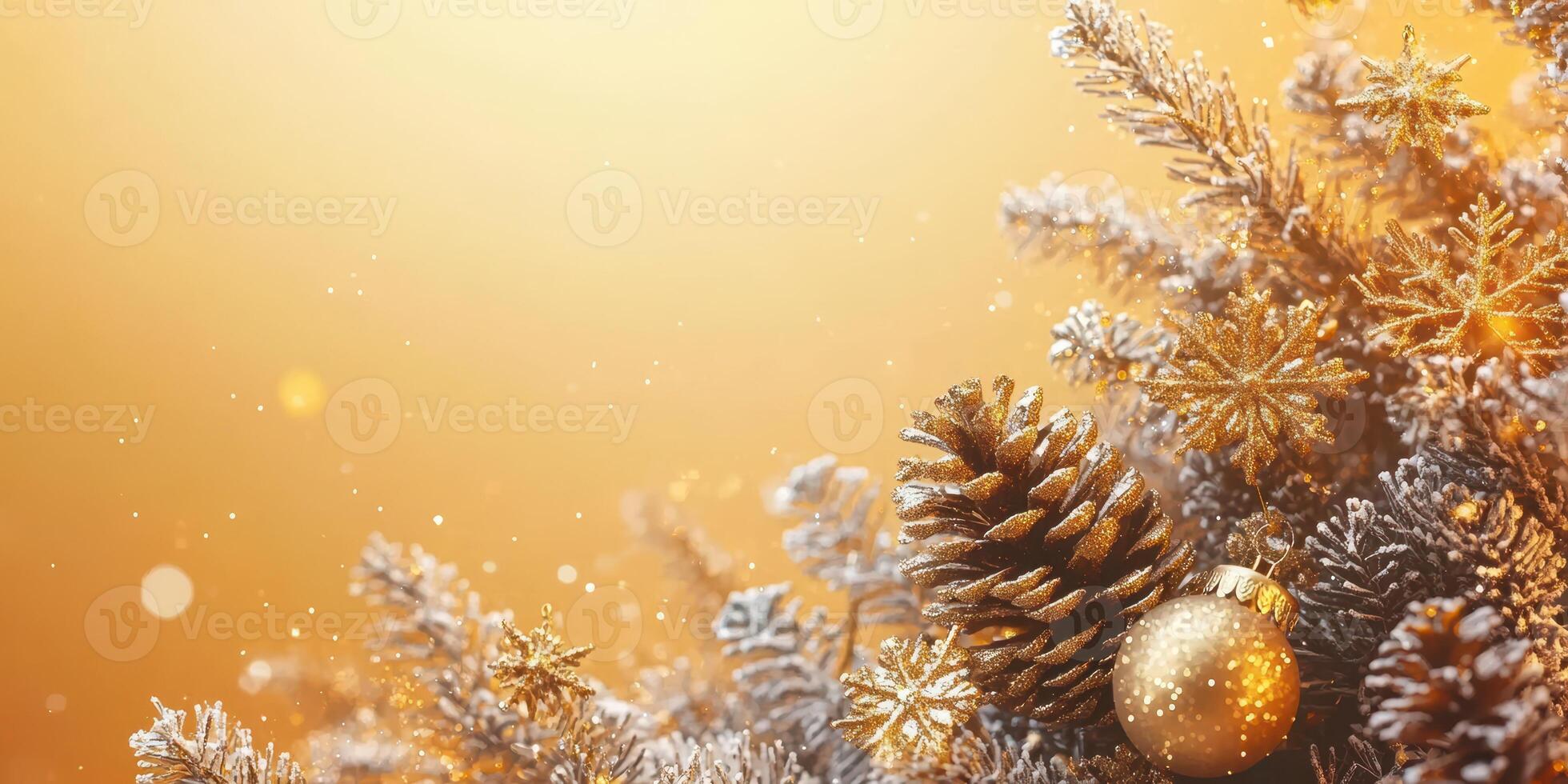 Golden ornament and pine cone adorn a frost-covered Christmas tree with sparkling snowflakes in warm light photo
