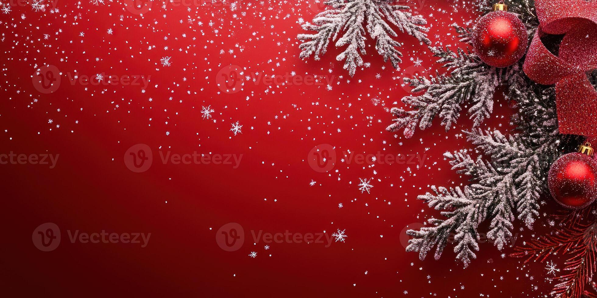 Festive Christmas decorations with snowflakes and ornaments on a vibrant red background photo