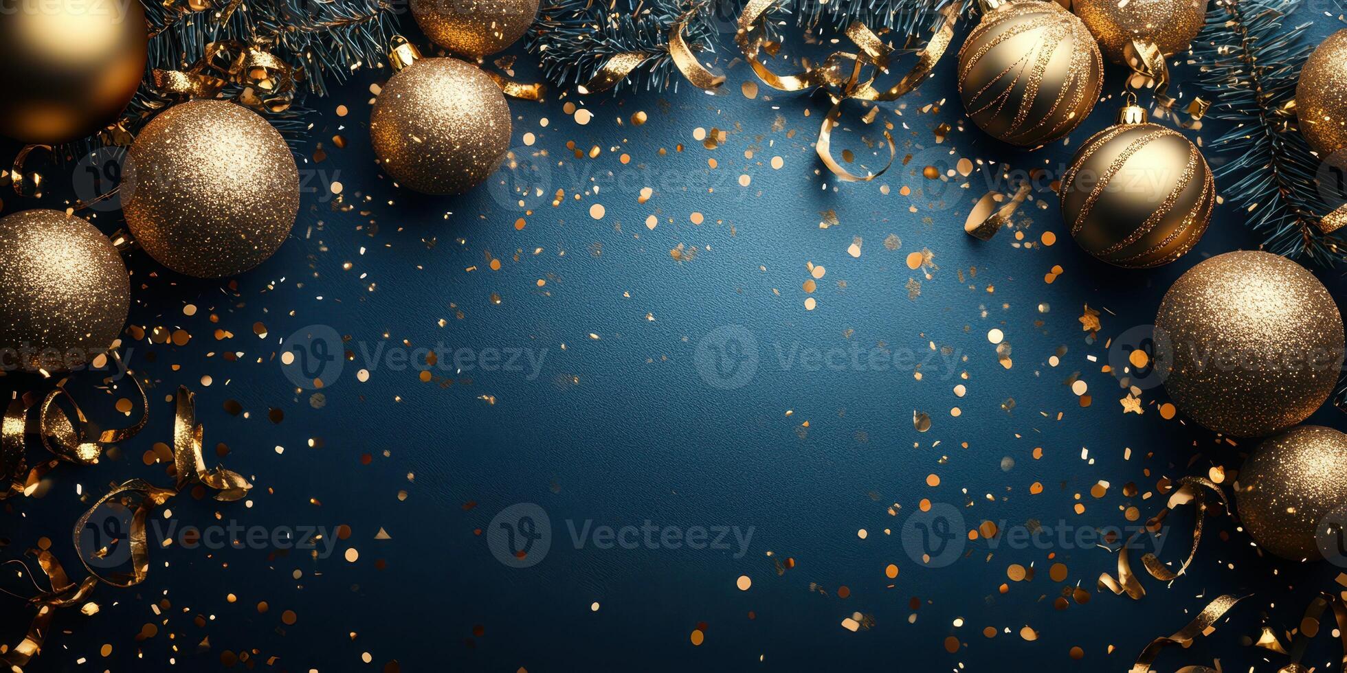 Elegant holiday decorations with golden ornaments, ribbon, and confetti creating a festive atmosphere for celebrations photo