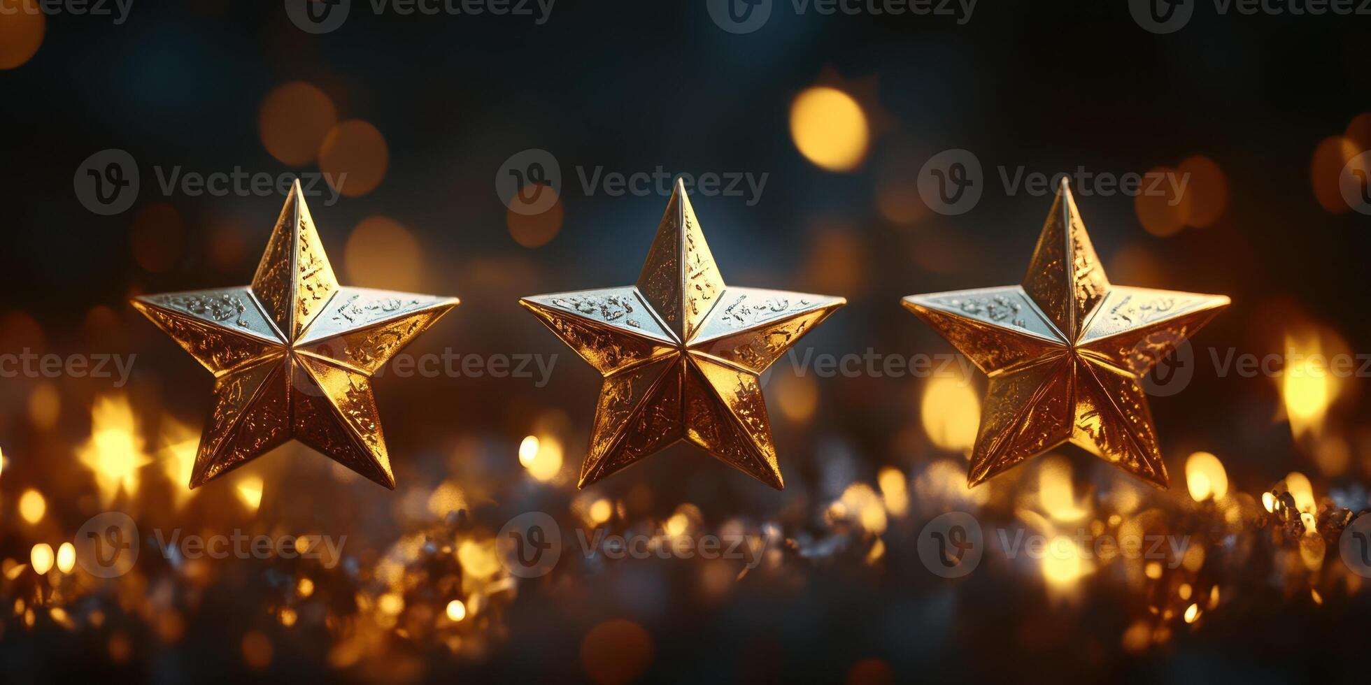 Golden decorative stars arranged on a surface illuminated by shimmering lights during a festive celebration photo