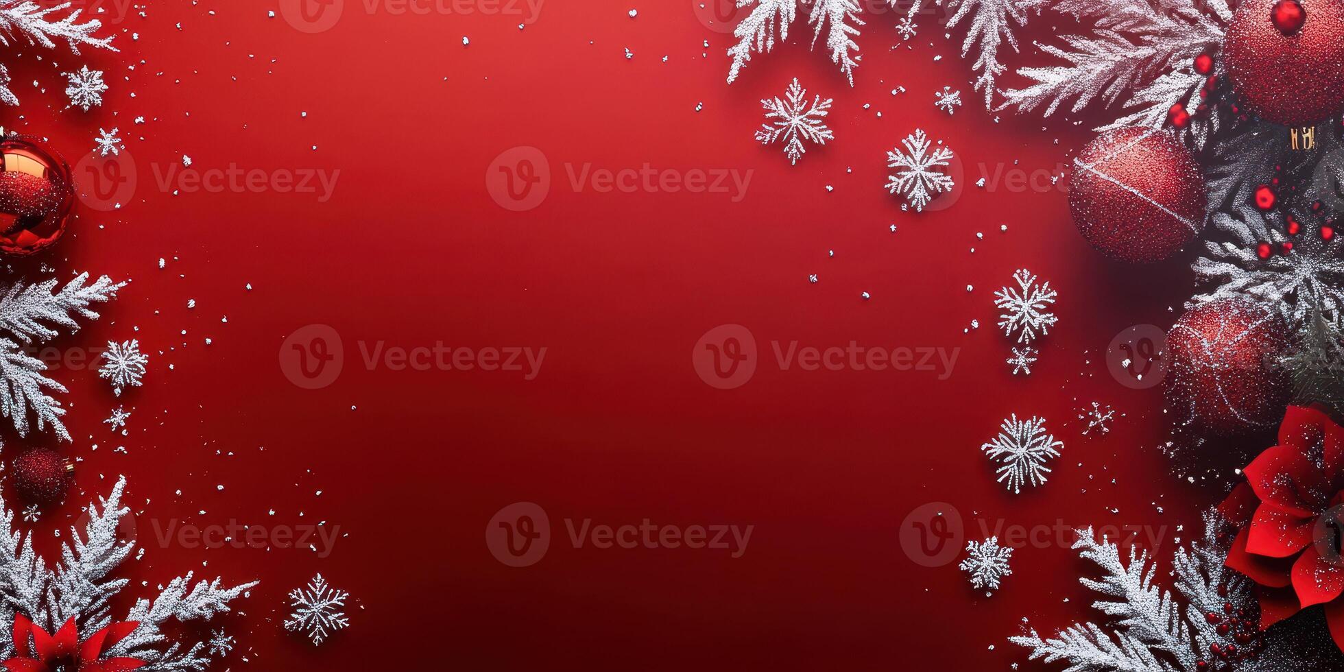 Festive decorations with red background featuring ornaments and snowflakes for holiday celebrations photo