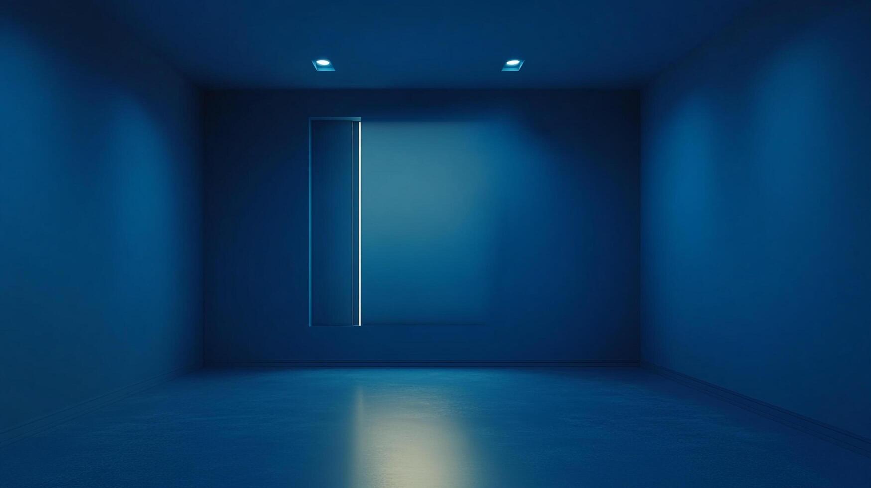 Blue empty room with vertical indentation, illuminated by ceiling lights, creates a minimalist, solitary and introspective atmosphere. photo