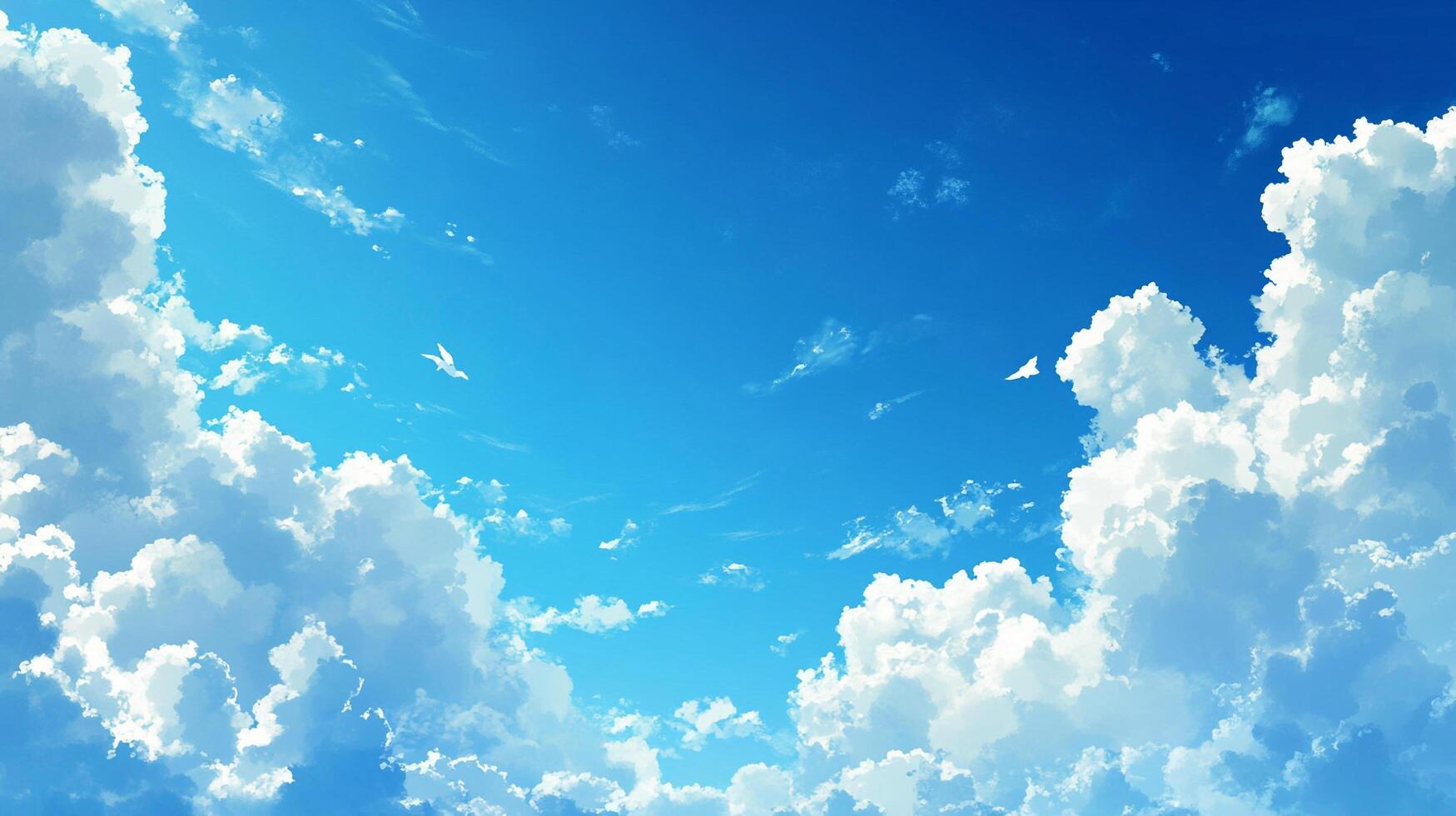 An artistic view of a bright blue sky with fluffy white clouds. A pair of birds fly across the picturesque sky. Perfect travel background. photo