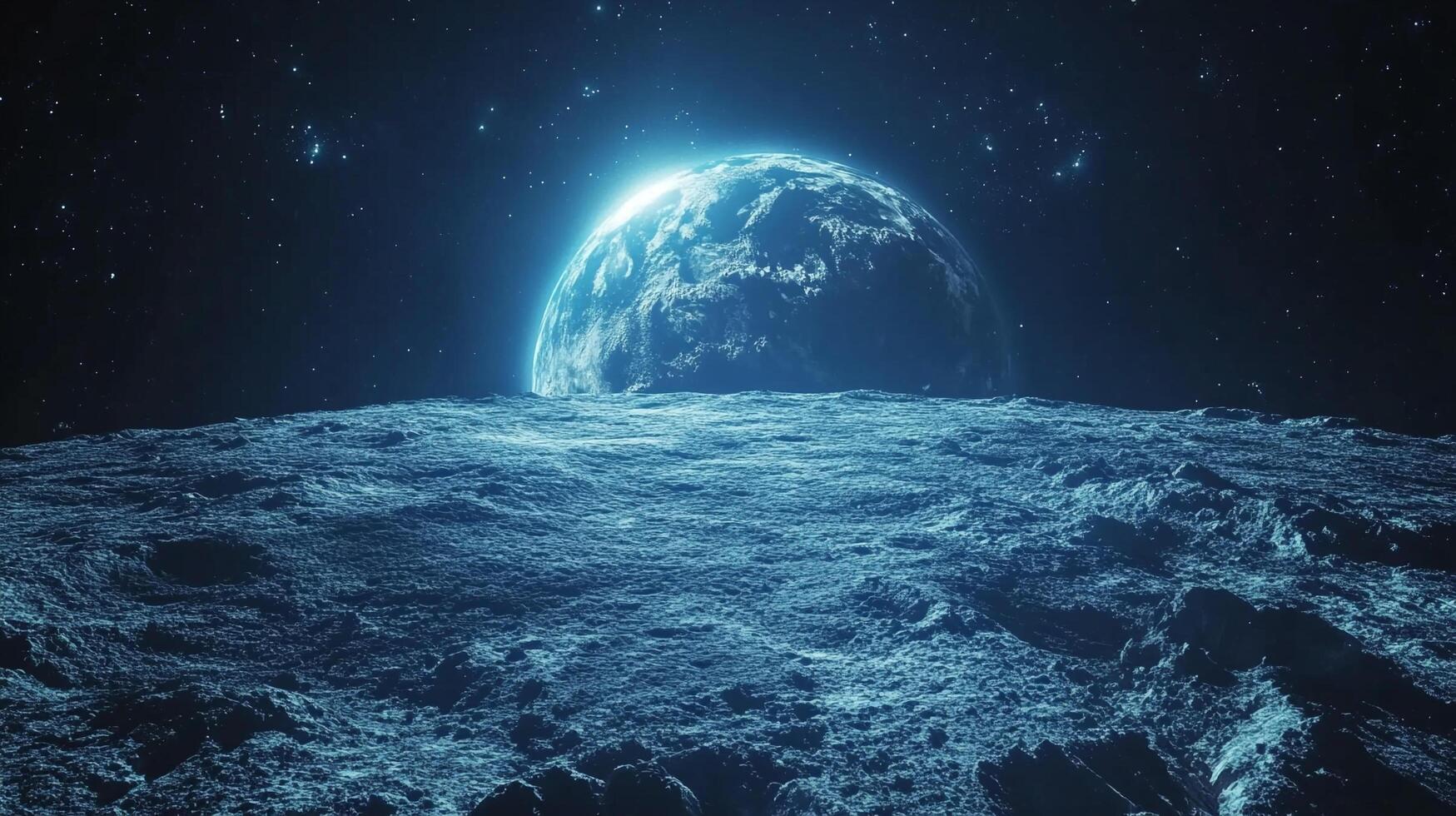 View from a lunar surface, Earth rises over the horizon, stars twinkle in the dark sky, creating a cosmic landscape with texture and depth. photo