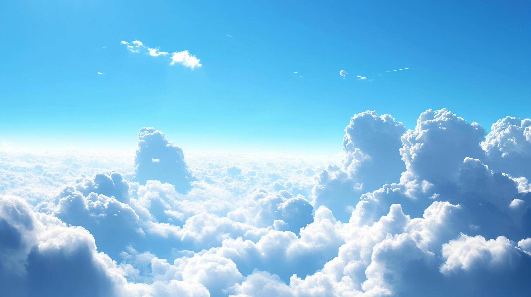 Expansive view of fluffy white clouds under a bright blue sky, evoking a sense of peace, vastness, and natural beauty. Serene atmosphere. photo