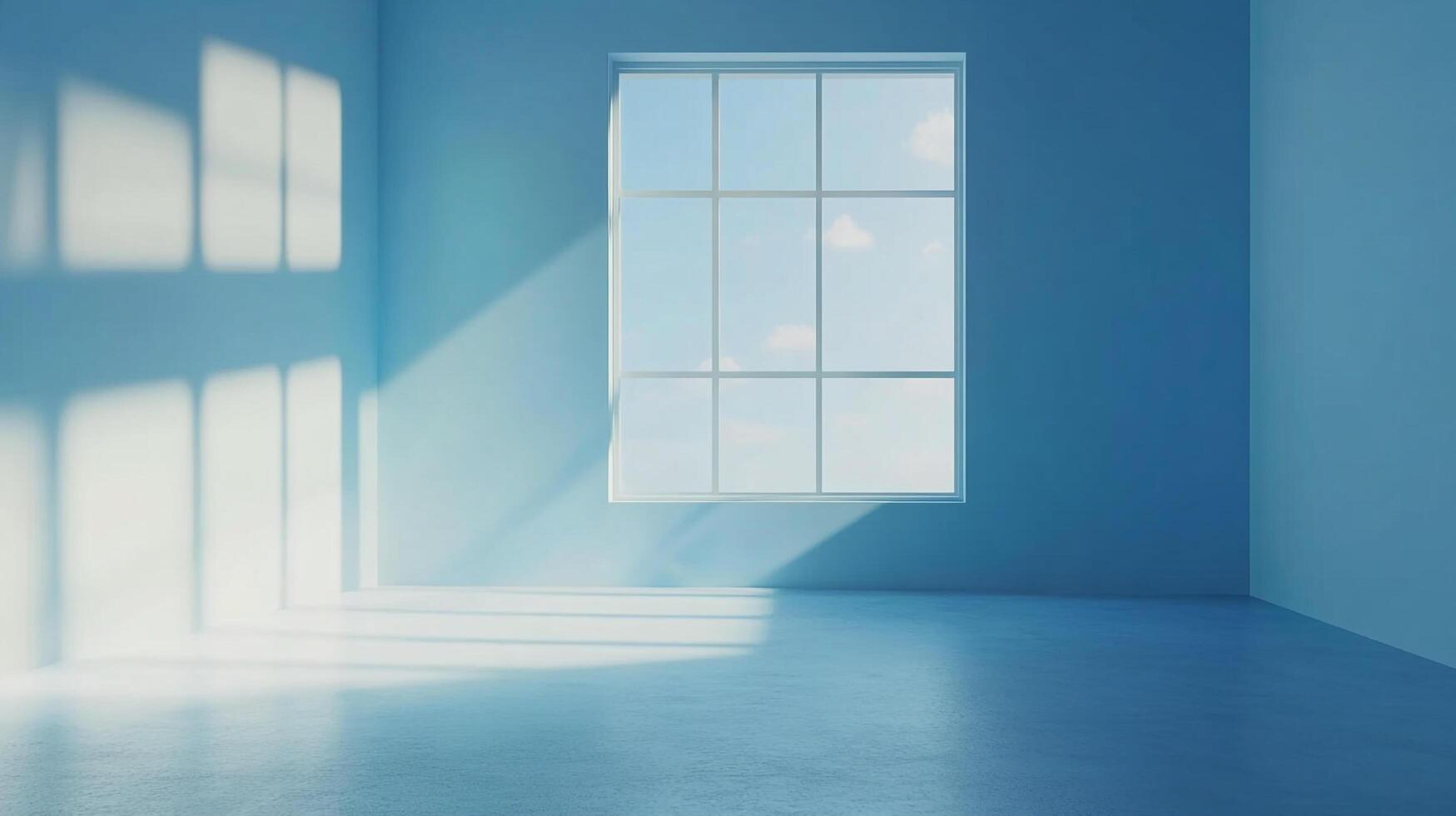 Sunlight streams through a window into an empty blue room, creating patterns of light and shadow on the floor and wall. Serene space. photo