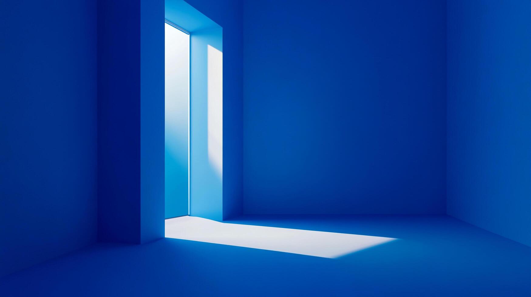 A vibrant blue room is bathed in light pouring through an open doorway, creating a striking contrast and minimalist atmosphere. photo