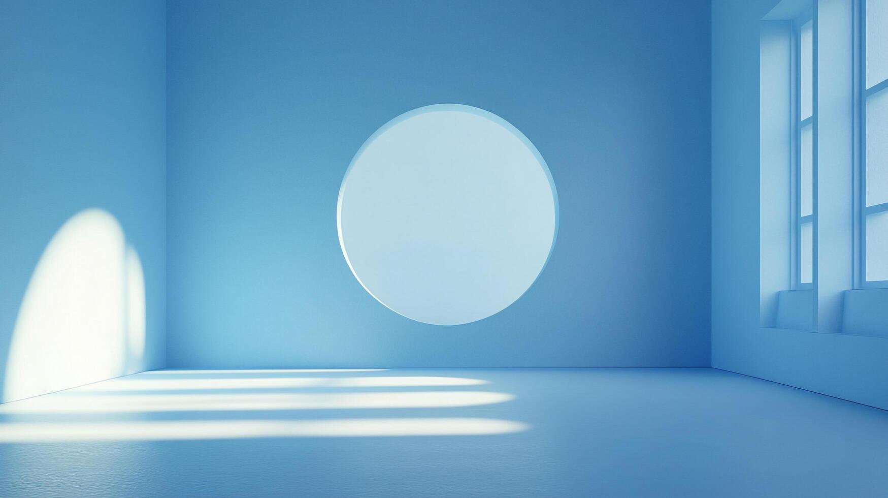 An airy, monochromatic blue room features a circular window and sunlight streaming through a window, creating a serene and minimalist space. photo