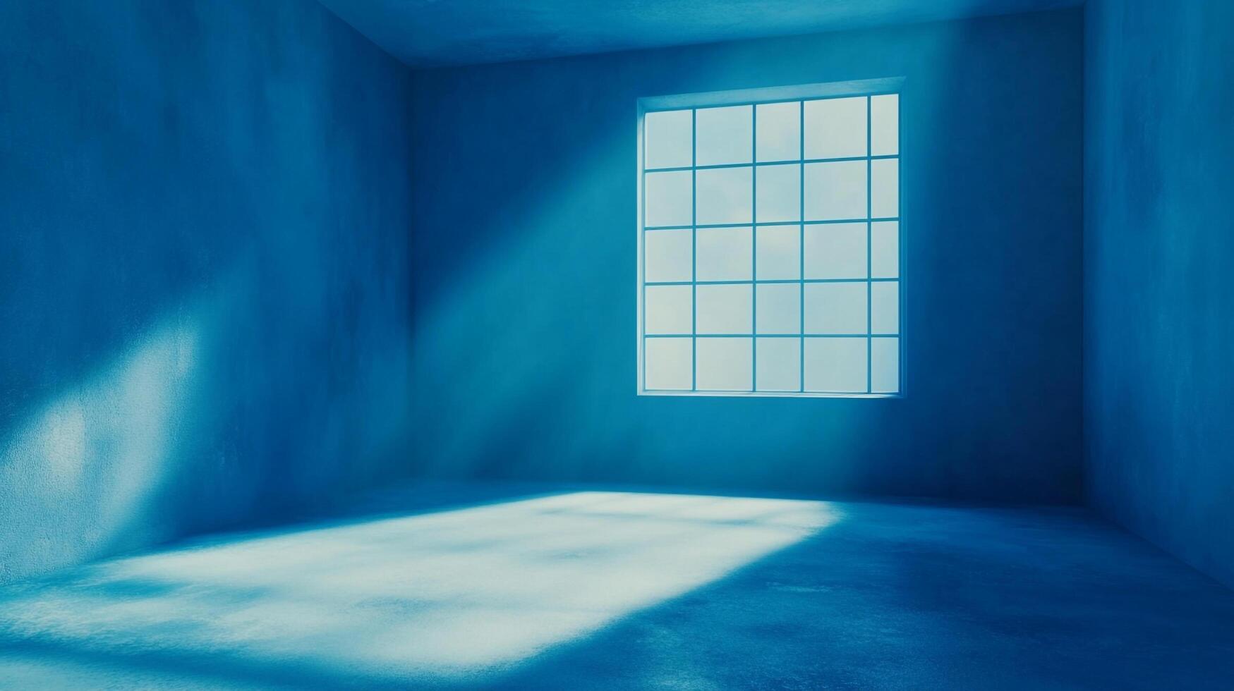 A monochromatic azure room is illuminated by light streaming through a paneled window. The walls are painted a deep blue. Serene and surreal. photo