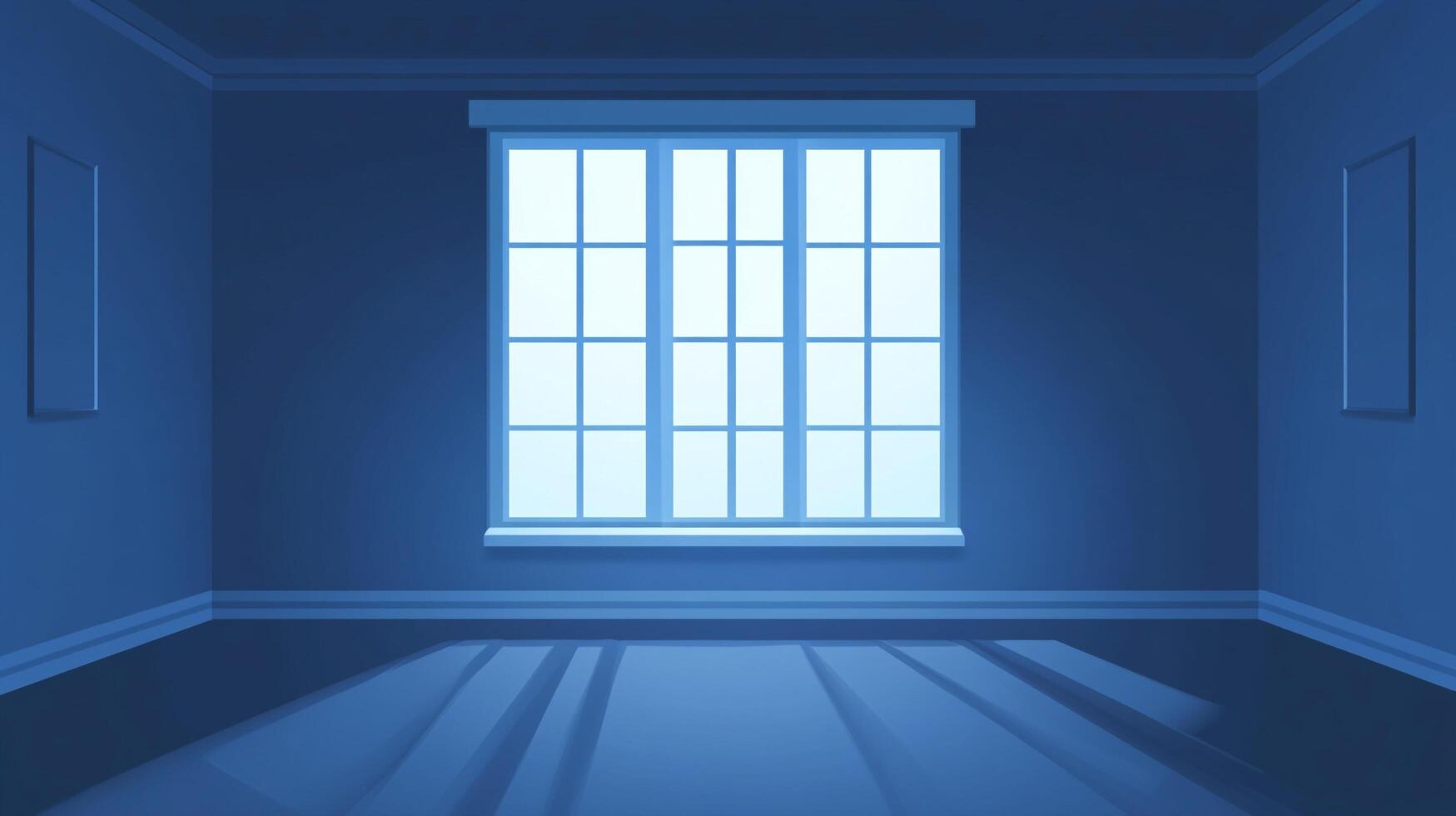 Monochromatic room, bathed in blue light. Windows illuminate the space. Minimalist, serene. Abstract interior showcasing simple architectural design. photo
