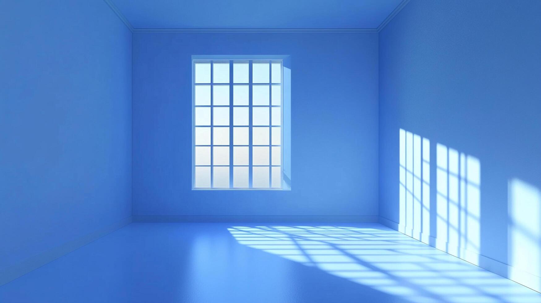 Monochromatic room bathed in soft, calming light, featuring a large paneled window and shadows dancing across the walls and floor. photo