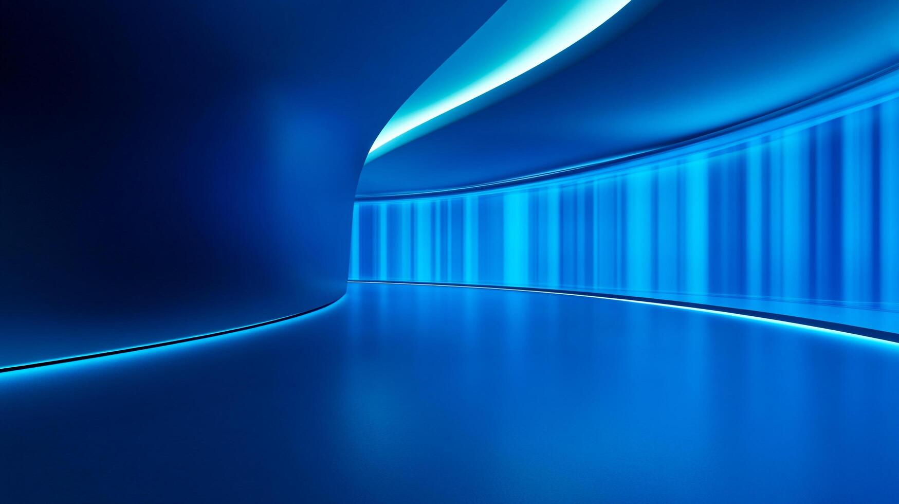 Futuristic blue hallway illuminated with bright, linear lights, creating a sleek and modern architectural design. photo