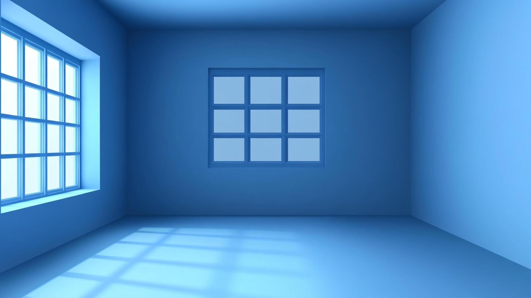 Monochromatic blue room with two windows lets in sunlight, casting patterns on the floor. A serene and peaceful architectural space. photo