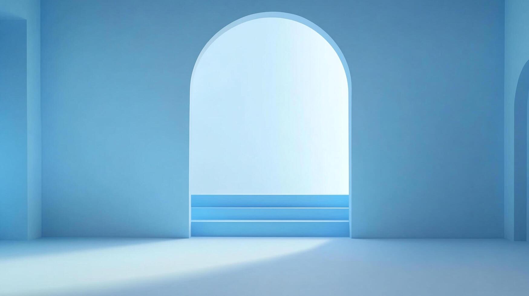 Minimalist blue hallway with an arched entrance, embodying simplicity and tranquility, bathed in soft, ethereal light, inviting and serene. photo