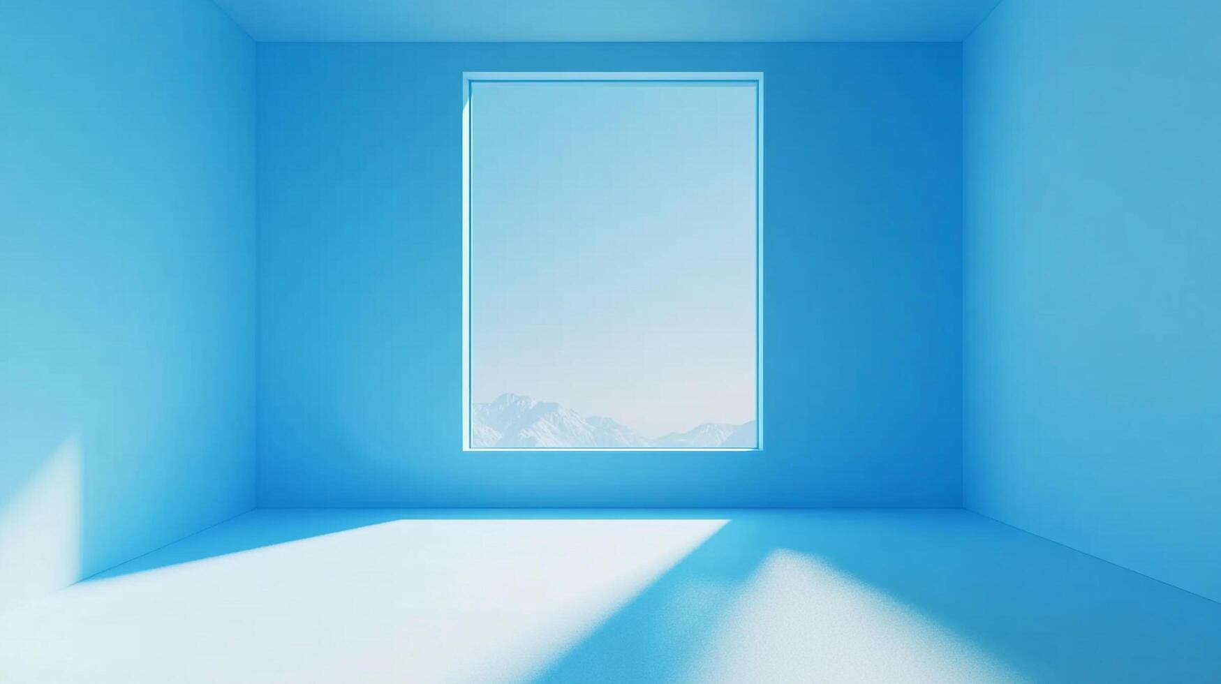 A light-filled, light blue room features a large window framing distant snow-capped mountain peaks, bathed in soft light, creating a serene scene. photo