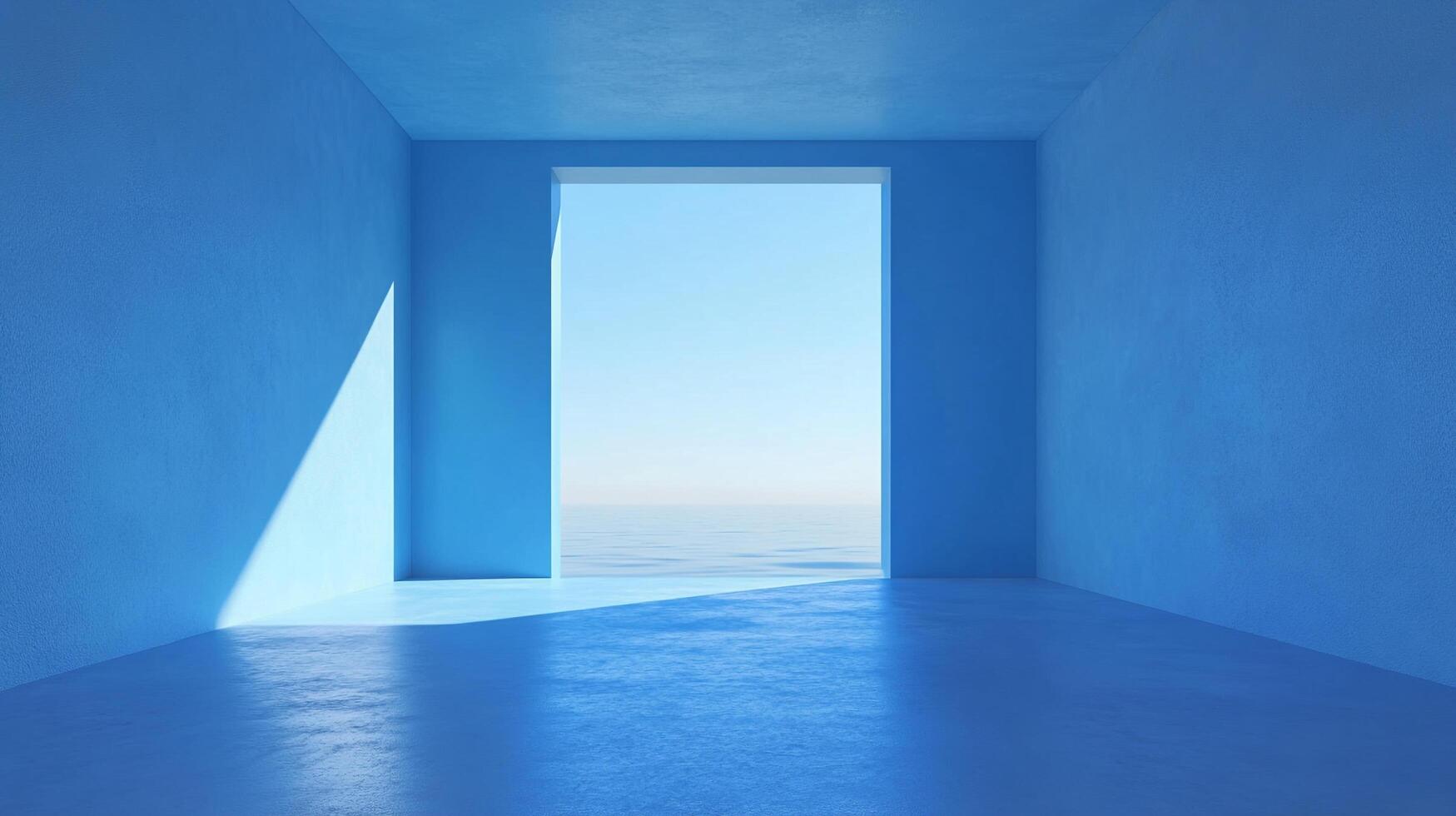 A minimalist blue room opens to a serene ocean view, blending interior space with the vastness of the sea and sky. Light paints the scene. photo