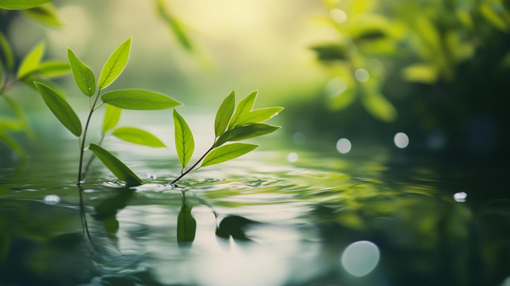 Green leaves reaching out of water, a tranquil scene of nature's resilience and beauty reflecting softly in the gentle currents. photo