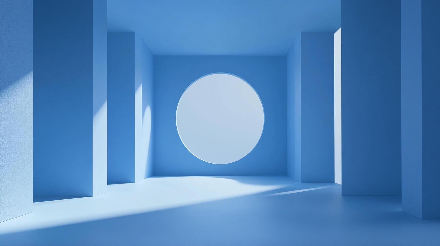 Abstract blue room interior featuring geometric columns, a circular window and soft light creating a minimalist, serene atmosphere. photo