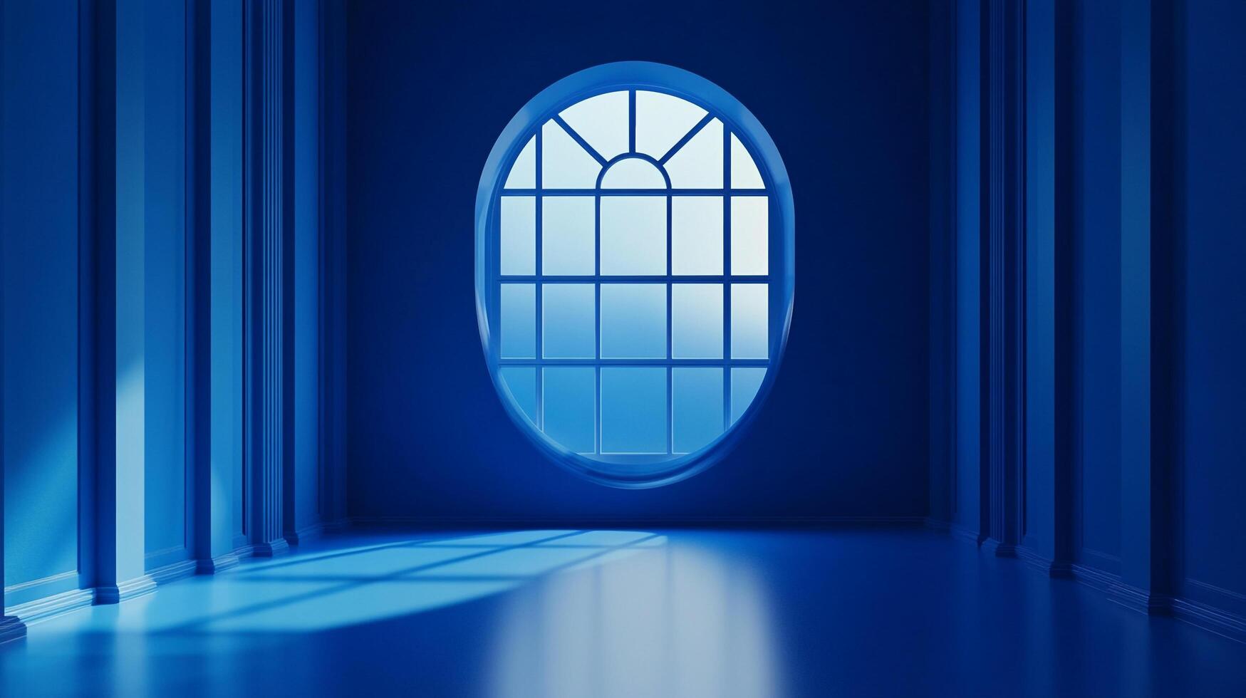 Blue minimalist interior design, showcasing an arched window, creating a tranquil and visually compelling architectural composition. photo