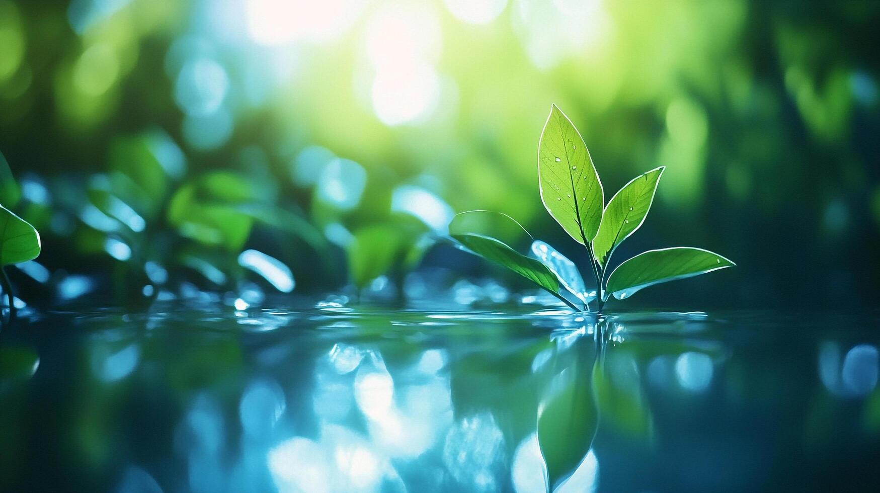 A young plant emerges from crystal clear water reflecting lush green foliage, bathed in soft light, symbolizing growth and new beginnings. photo