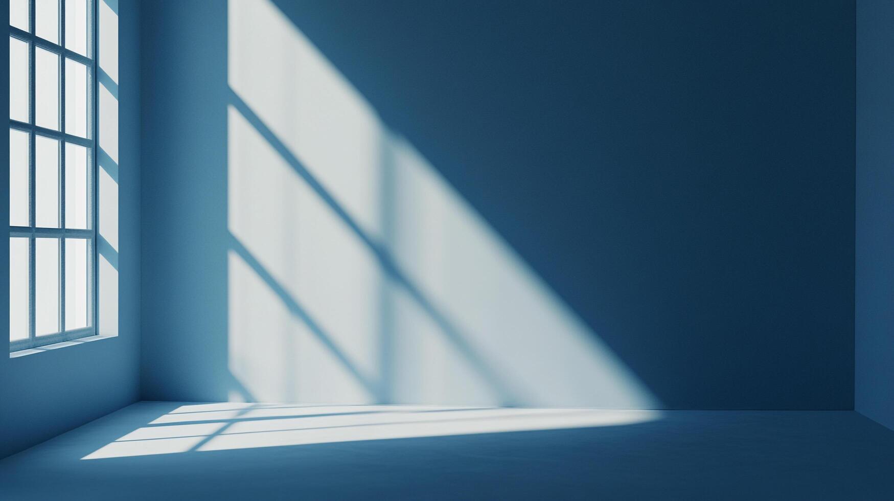 An empty blue-tinted room featuring a large grid window with sunlight streaming into the room, creating geometric shadows on the walls and floor. photo