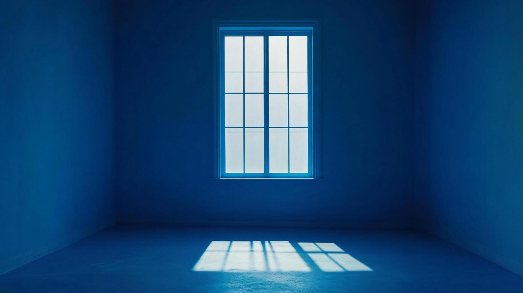 Minimalist interior features a bright window casting geometric light patterns on the blue floor of an empty room. Serene and contemplative space. photo