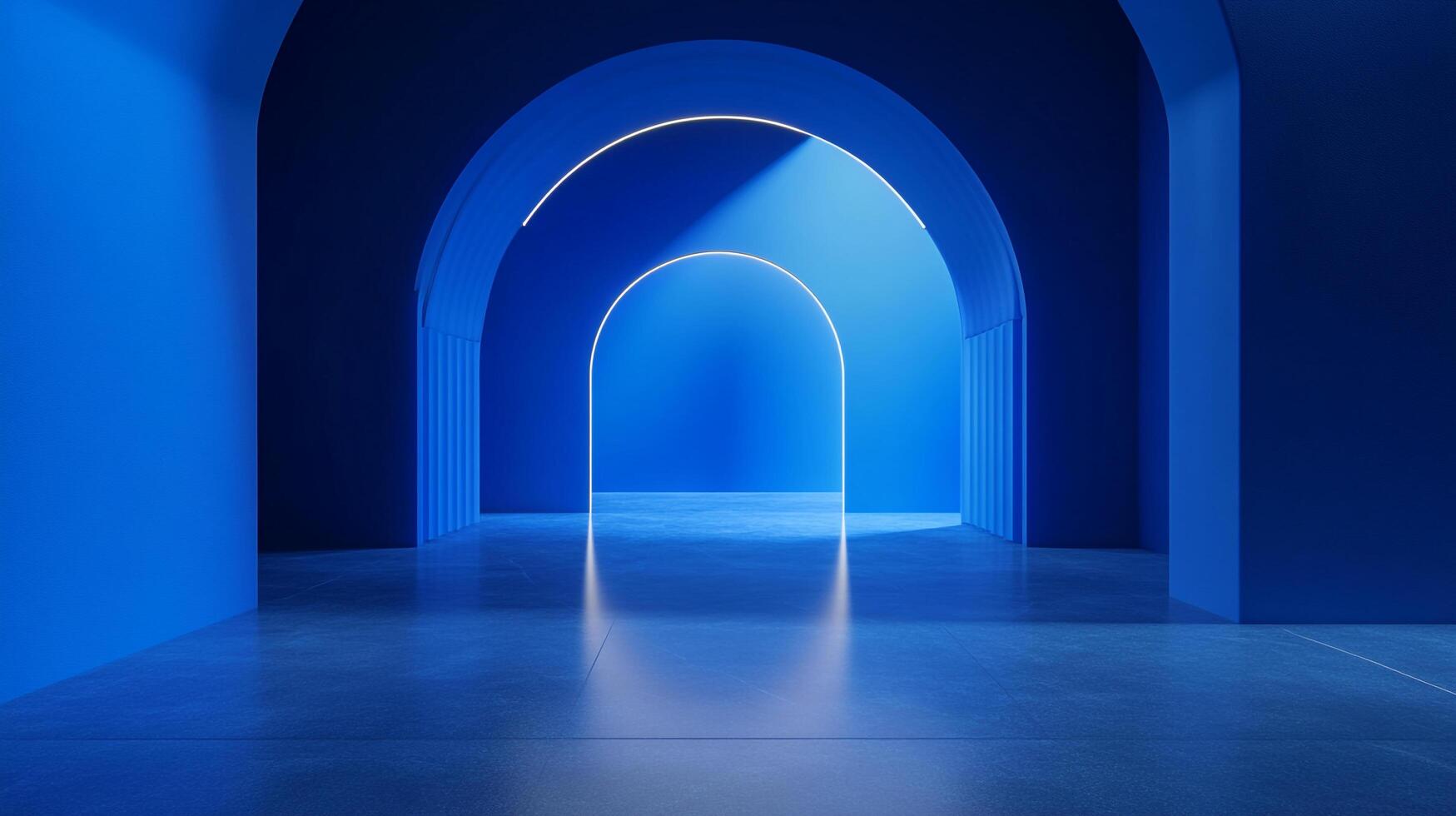 A modern hall features luminous arched doorways creating a visually striking effect in an otherwise calming, monochromatic setting. photo