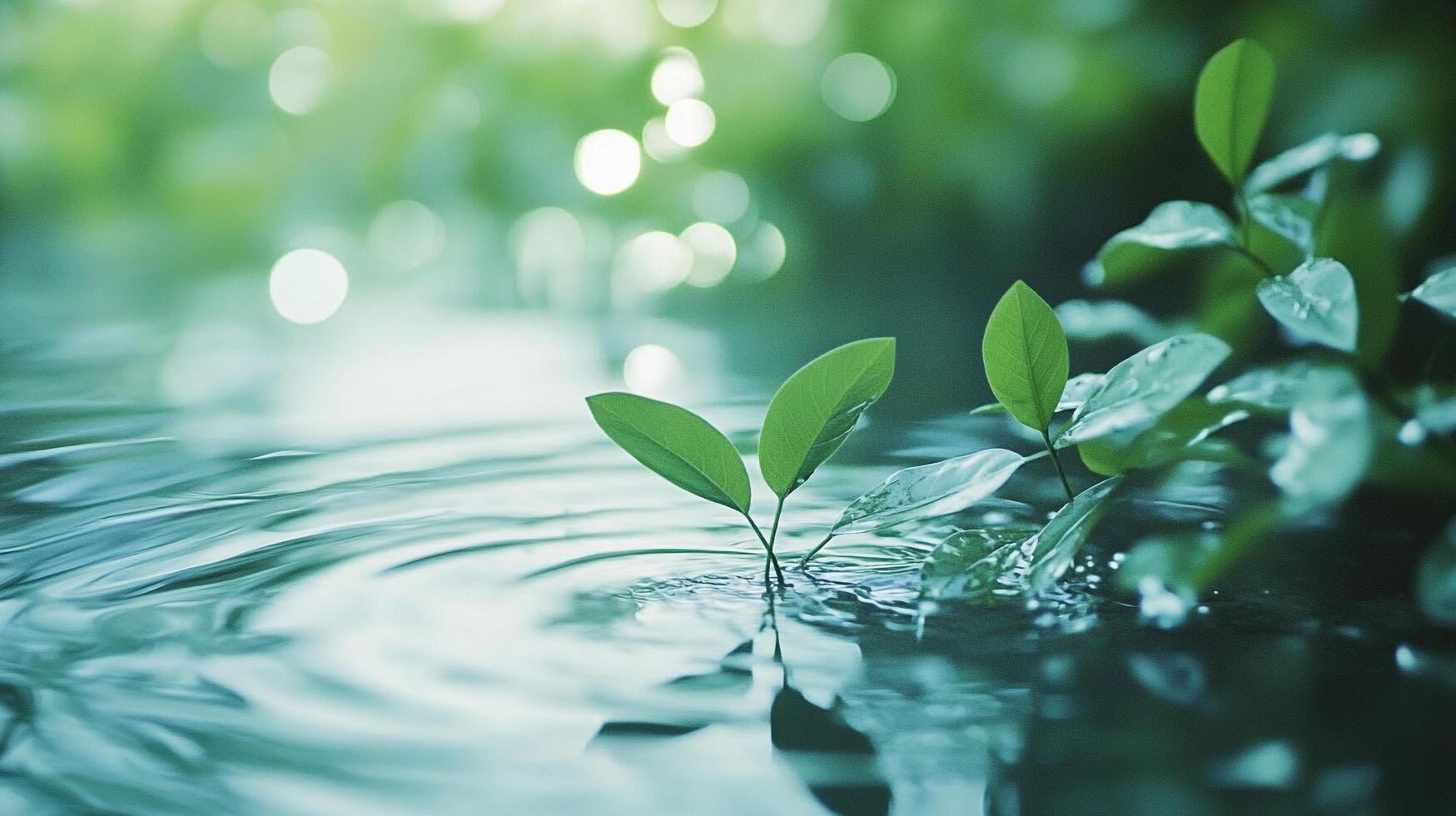 New life emerges from tranquil water. Lush green leaves sprout, reflected in the gentle ripples of a peaceful stream. photo