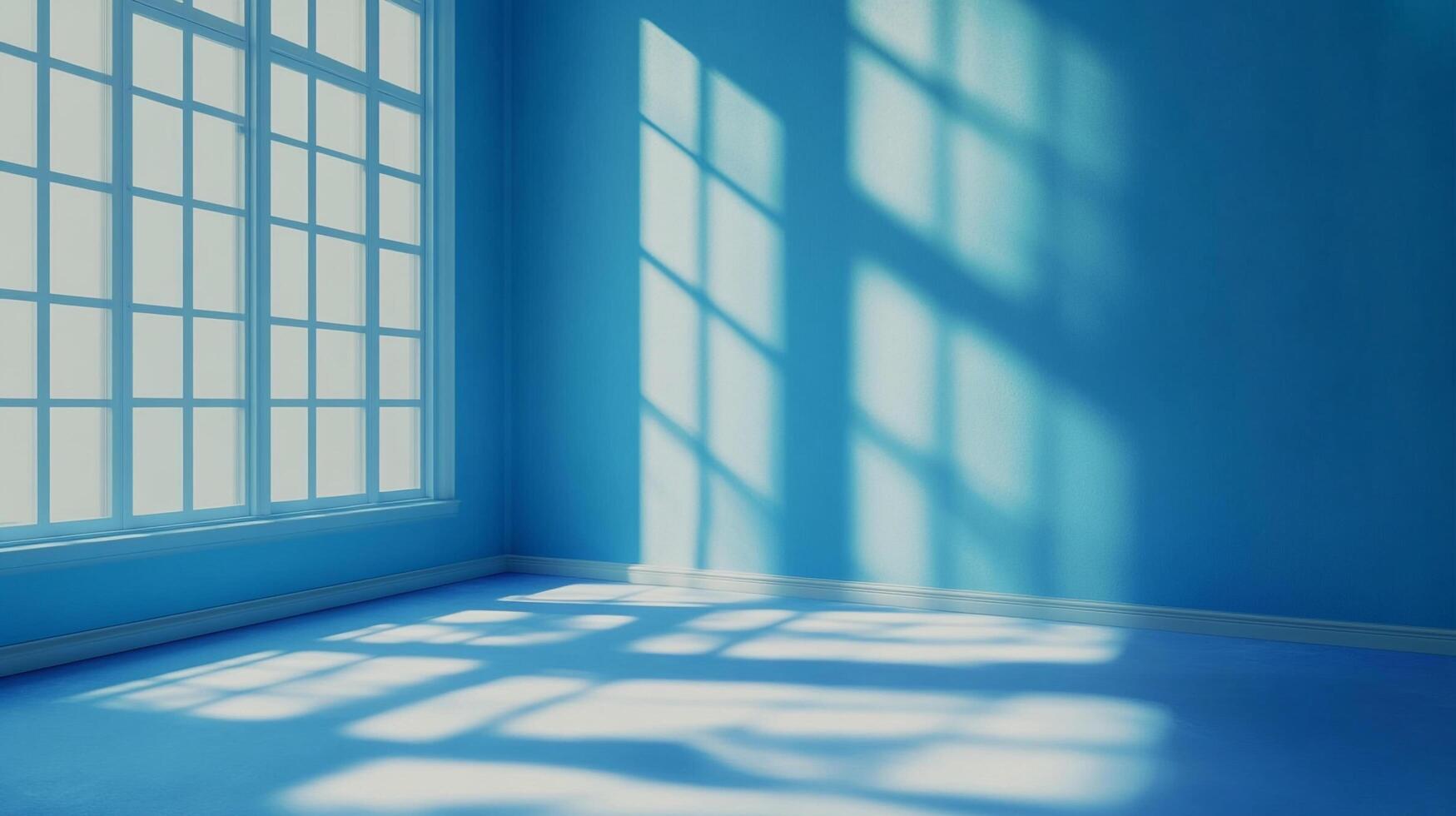 Sunlight streams through a window, casting geometric shadows in a blue room, creating a peaceful and serene atmosphere. Interior design photo