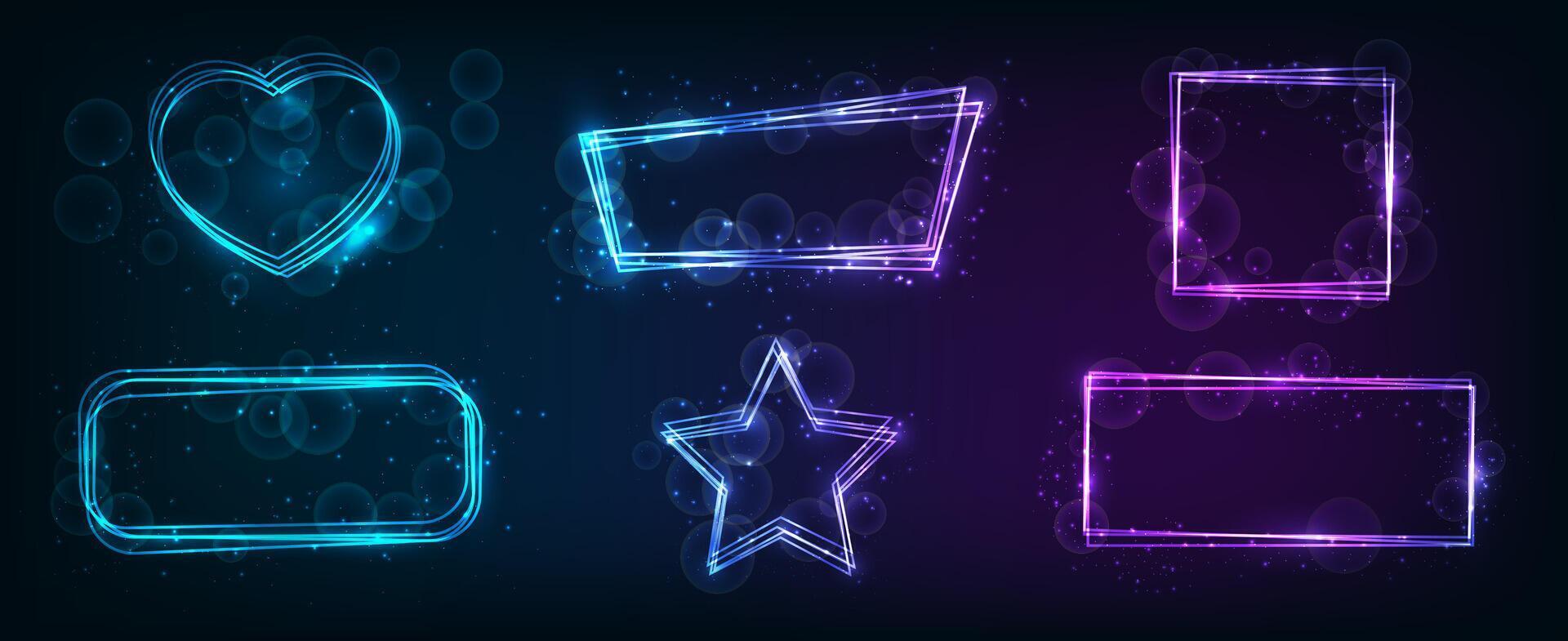 Six neon frames in different geometric forms with shining effects and sparkles on dark background. Empty glowing techno backdrop. illustration vector