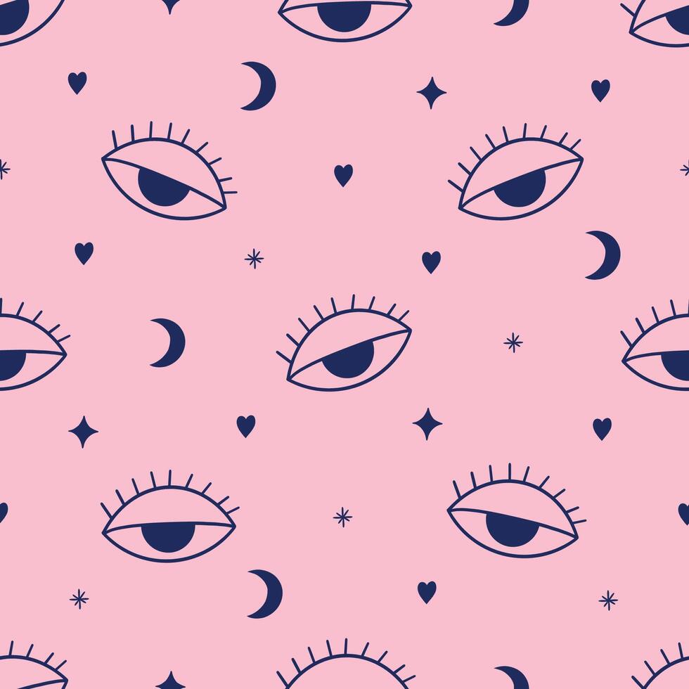 Seamless pattern with eye, star, moon. Boho style. Modern talisman amulet design. Mystic element. Hand drawn illustration vector