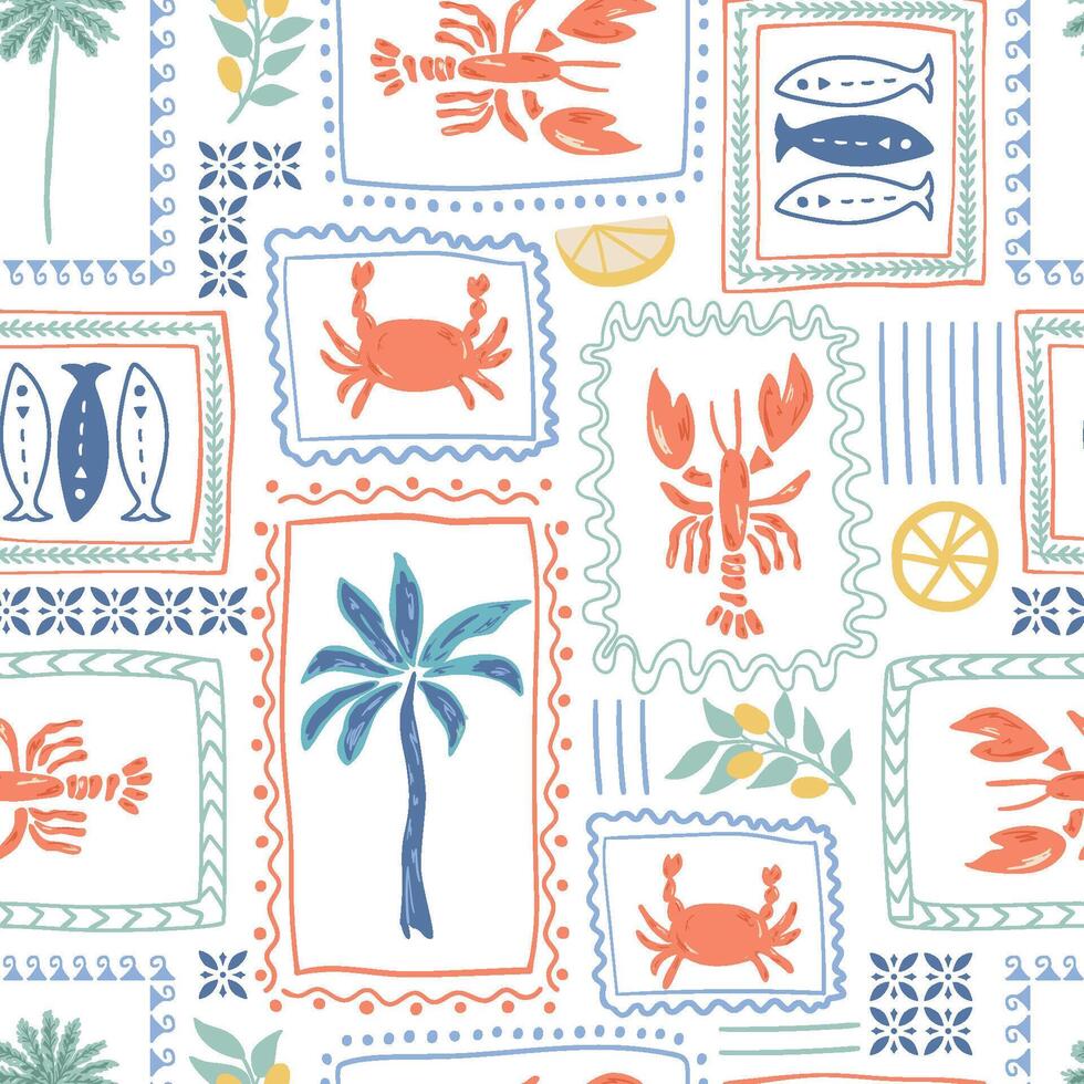 Tropical lobster pattern, summer Italy vacation mood. Retro palm trees, sardines, lemon in the frames. Mediterranean wallpaper, cute geometric design, textile, background, paper. Hand drawn art vector