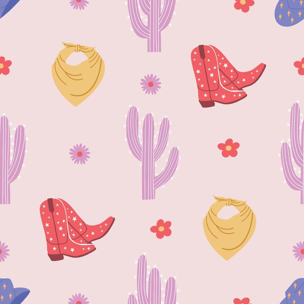 Seamless pattern with cowboy elements. Cowgirl boots and hat, bandana, cactus. Wild west, western retro design. Pink background. Hand drawn illustration vector