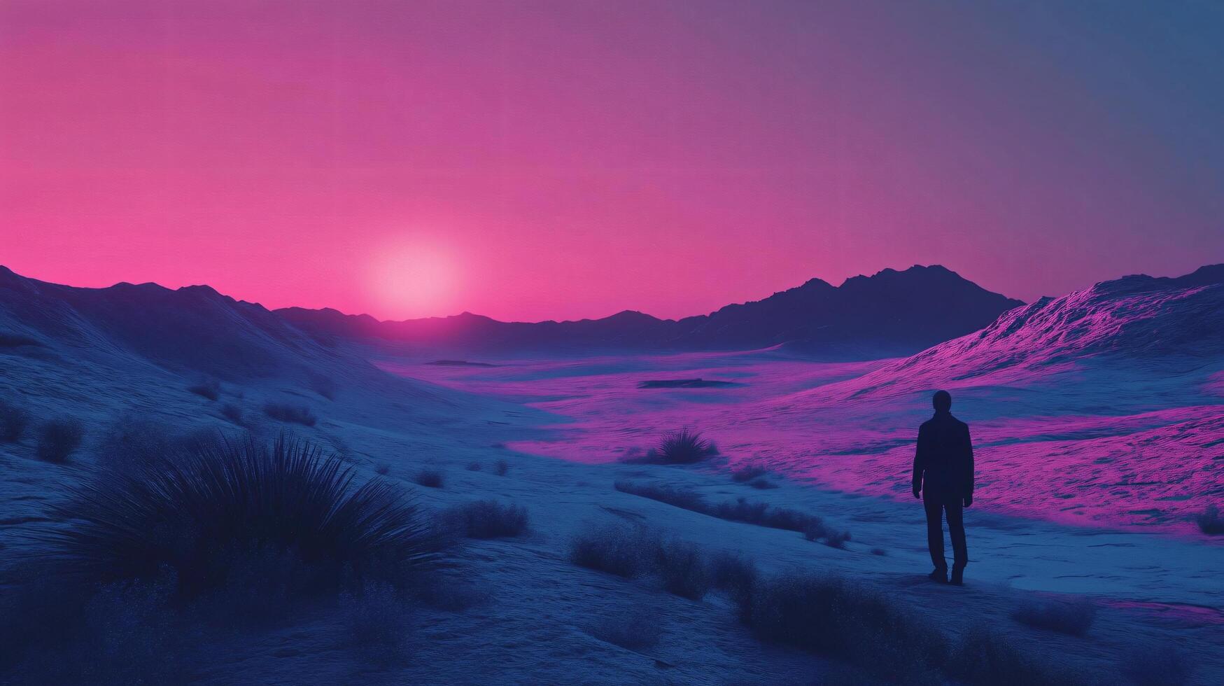 Man is walking in a desert at sunset. The sky is pink and purple, and the sun is setting in the distance. The man is alone, and the landscape is barren and desolate photo