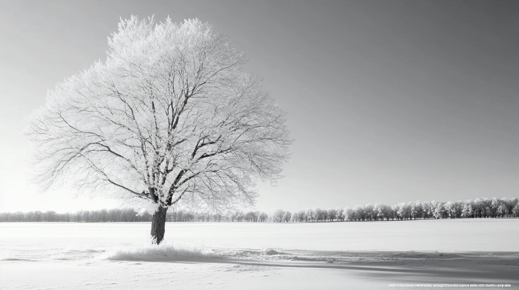 Black and white landscape showcasing a frosted tree in a snow covered field, with a line of trees in the distance under a clear sky photo