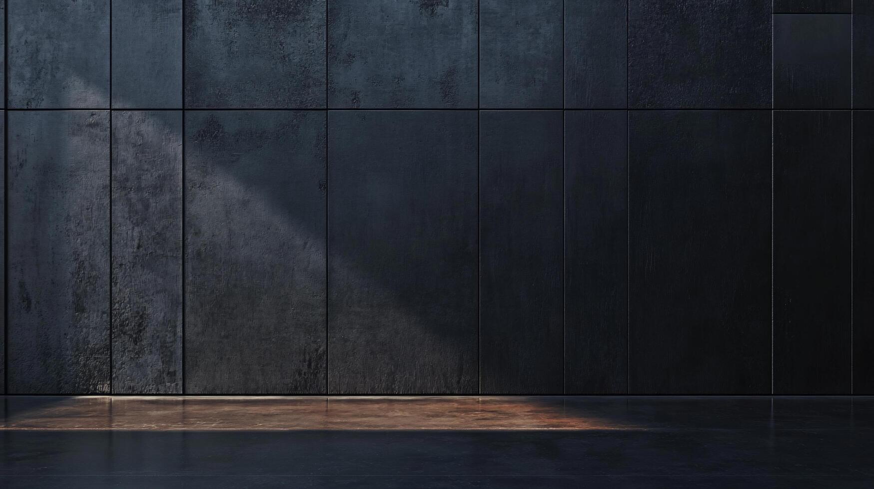 Sunlight illuminating empty space with dark tiled wall and brown floor, perfect for product placement photo
