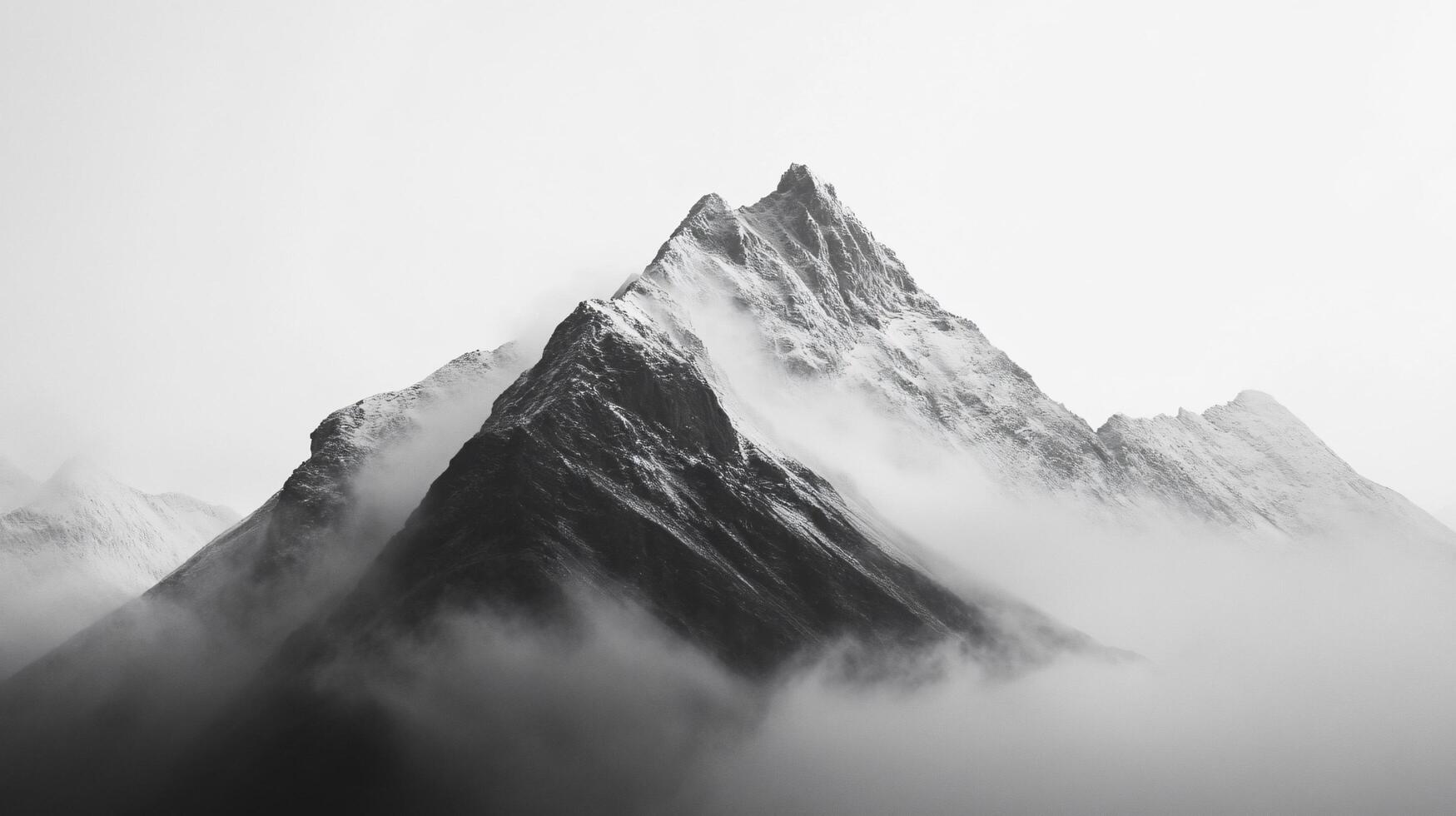 Mountain range covered in snow and fog. The mountains are tall and rocky, with a sense of mystery and solitude. The fog adds to the atmosphere, making the scene feel even more isolated and serene photo