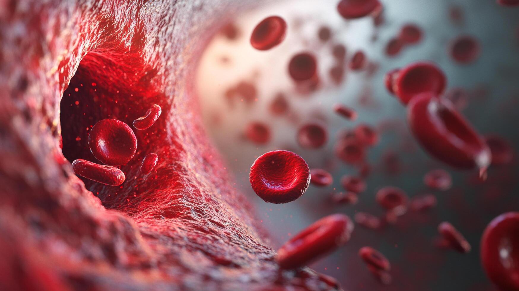 A microscopic view of numerous red blood cells flowing inside a blood vessel. Biomedical visualization depicts essential life processes. photo