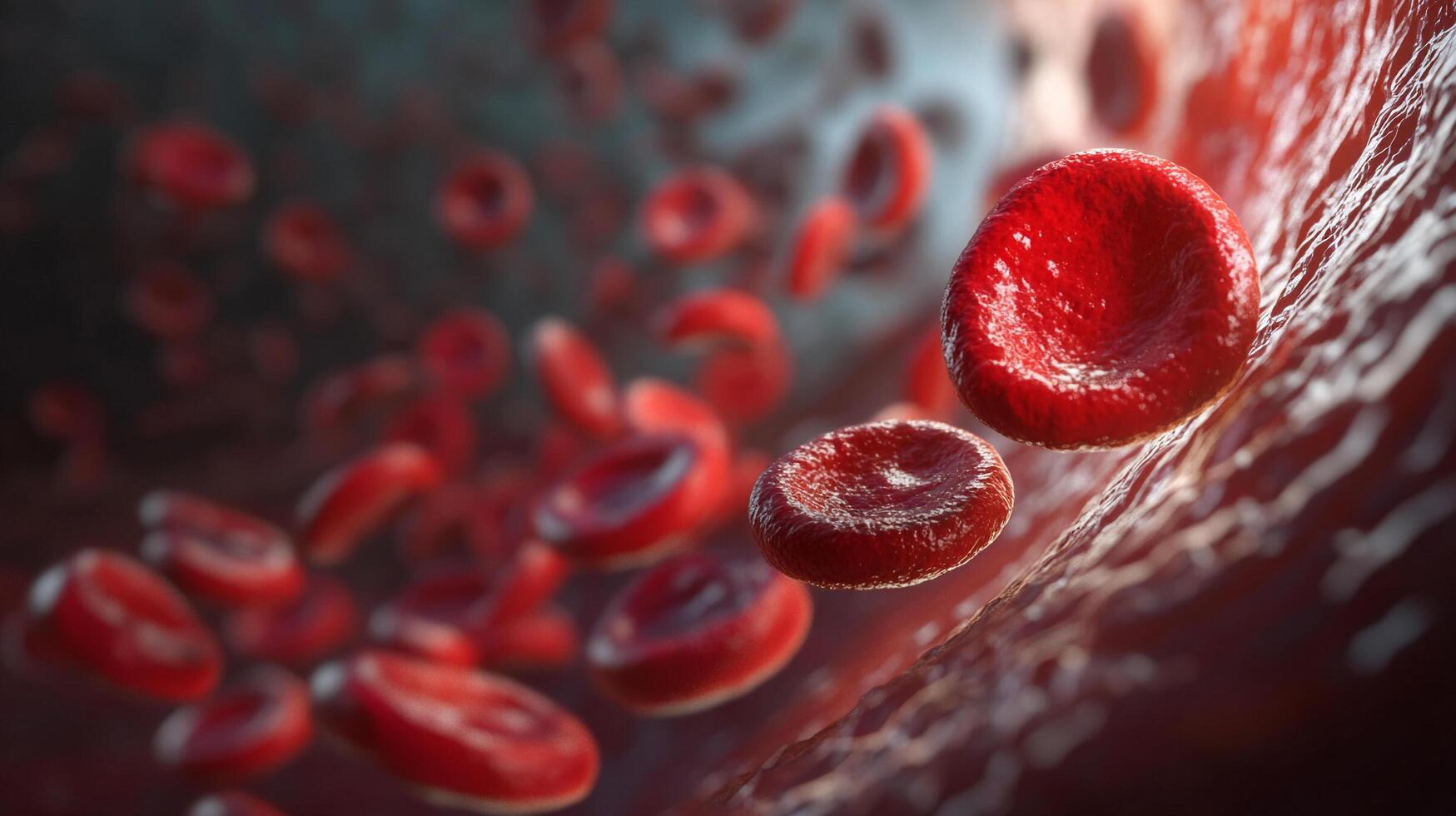 Close-up of flowing red blood cells, vital for oxygen transport and overall health in a dynamic human vascular system. photo