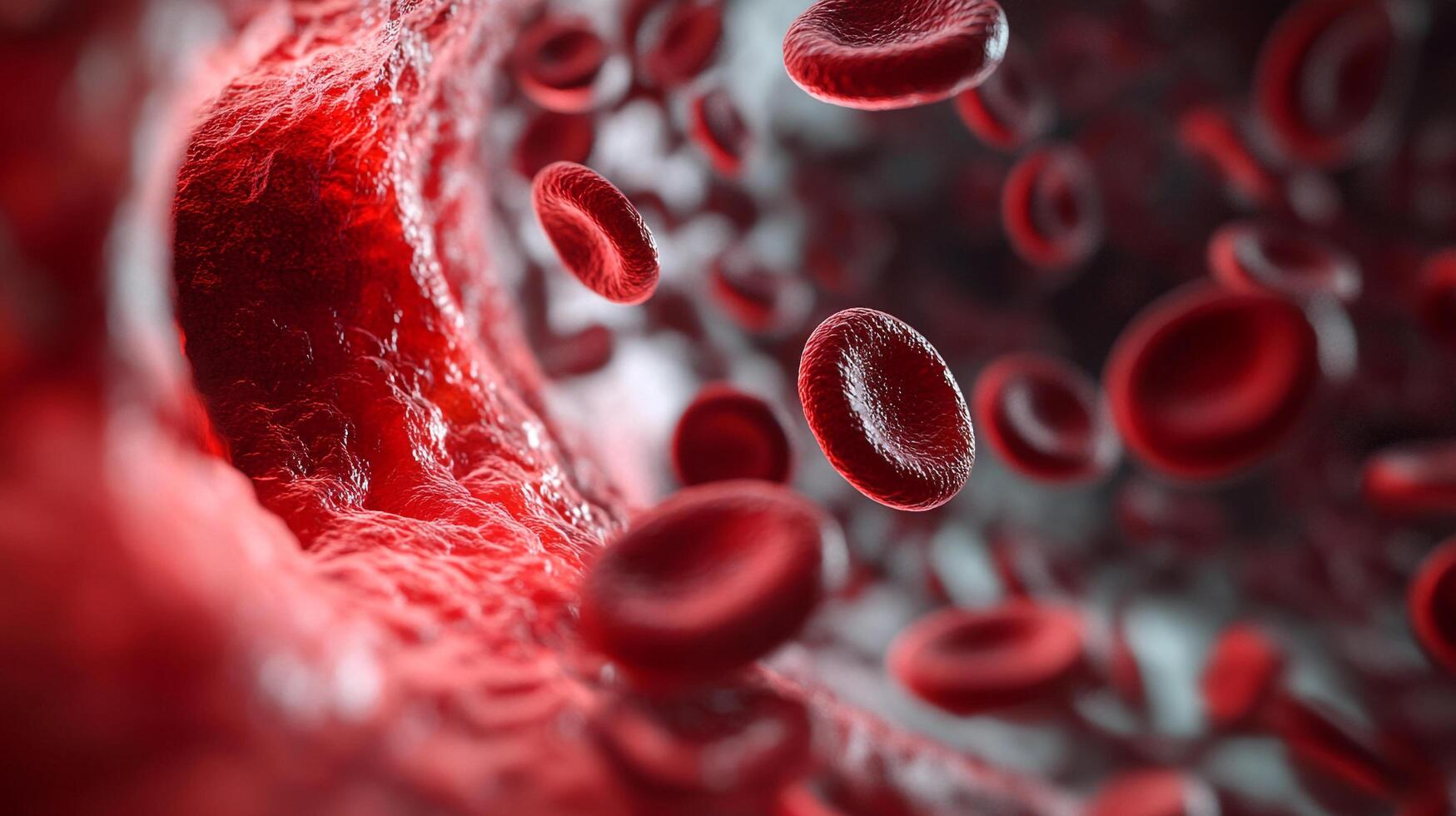 Red blood cells flow within a blood vessel. Illustrates blood circulation, oxygen transport, and the inner workings of the circulatory system. photo
