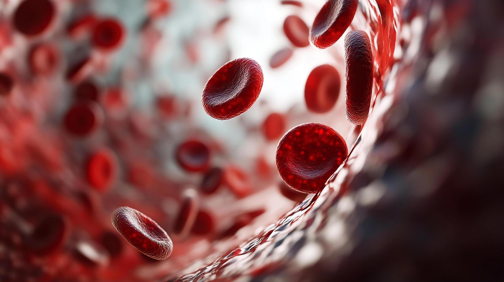 A magnified view of red blood cells flowing through a vessel, vital for oxygen transport and sustaining life. Scientific medical illustration. photo