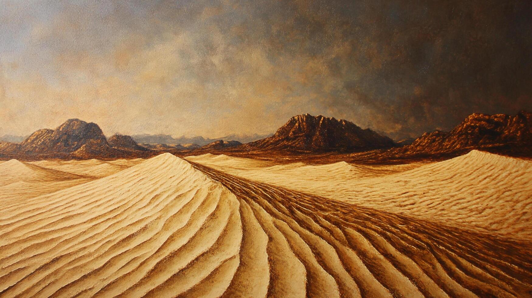 Sandy desert landscape with rolling dunes under a cloudy sky and mountains in the background, evoking a sense of remote desolation. photo