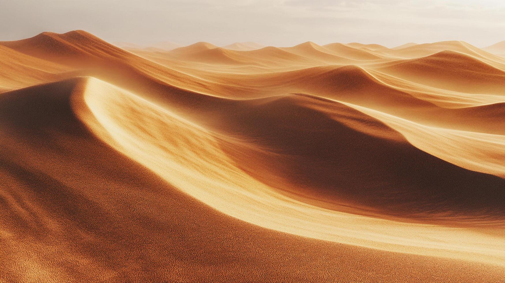 Endless expanse of sun-drenched dunes, sculpted by winds into breathtaking forms. A sea of sand under a vast, hazy sky. photo
