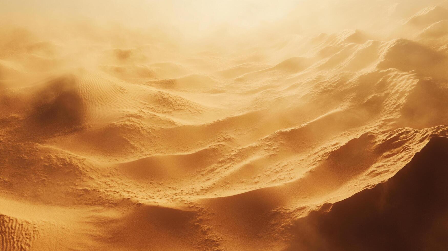 Vast, undulating sand dunes stretch to the horizon, shrouded in a golden haze, suggesting a remote and desolate planet landscape. photo